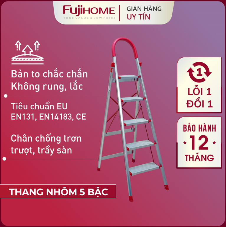 Thang ghế nhôm tay vịn chữ A bản to 5 bậc 1,65m xếp gọn Nhật Bản Fujihome chống trượt, Ghế thang gia đình chữ A đa năng rút gọn thắp hương 1m6 mét step stool ladder