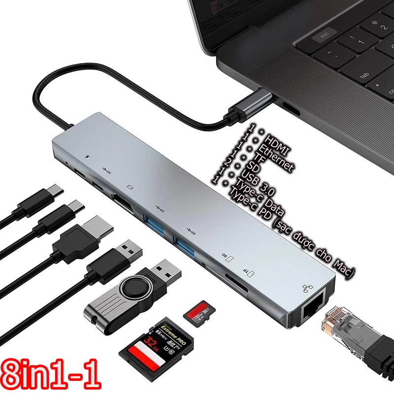 Hub USB Type-c cho Samsung Dex, Macbook - HDMI, Ethernet, USB3.0, Type-c - 8in1