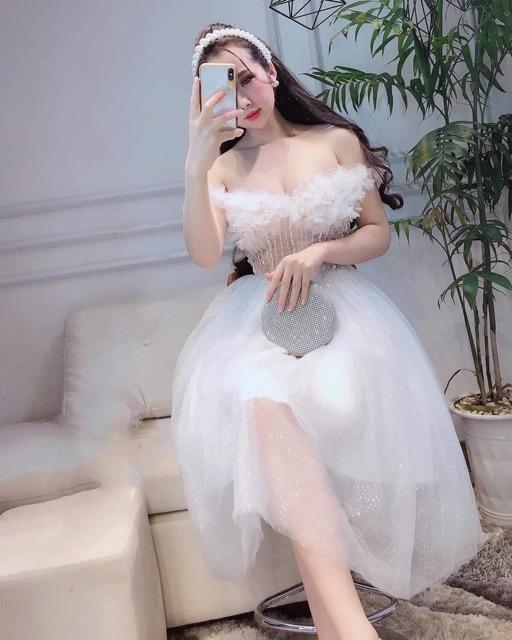 Đầm xoè trễ vai kết hoa nổi SIÊU XINH -MS138V- Size M/L đến 57kgMM MM