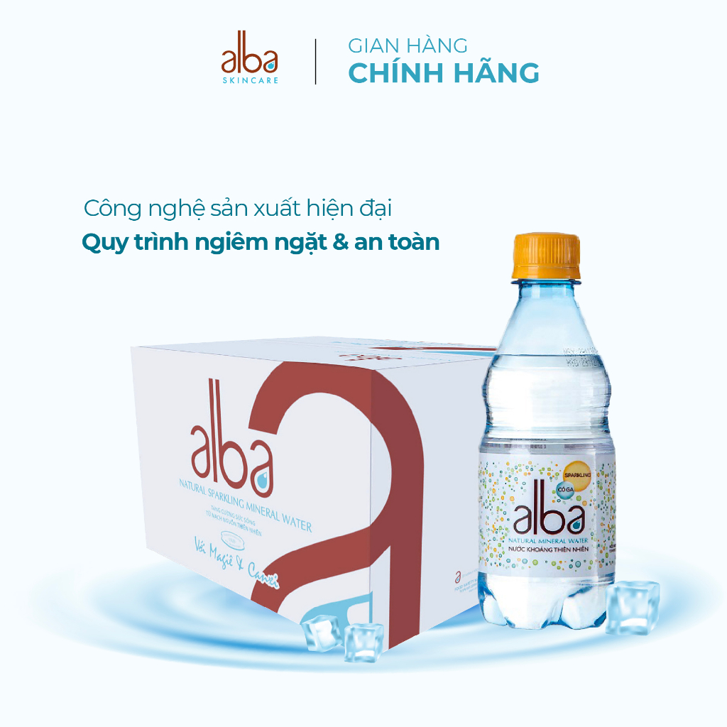 Combo Thùng 24 chai nước khoáng thiên nhiên có ga Alba 350ml + Xịt khoáng Alba Skin Care dành cho da khô 150ml