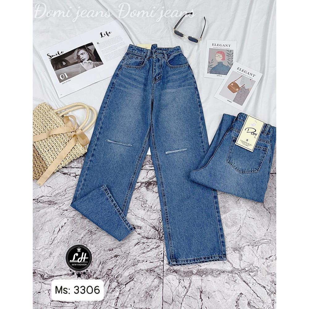Quần jean ống rộng nữ rách gối 2 line cạp cao Lê Huy Fashion màu xanh đậm MS 3306