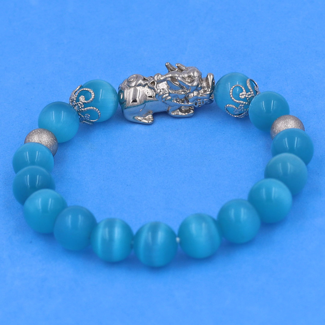 Vòng chuỗi đeo tay đá mắt mèo xanh biển 10 ly charm tỳ hưu inox, bi inox, khía bông inox, vòng tay phong thuỷ, vòng tay tỳ hưu