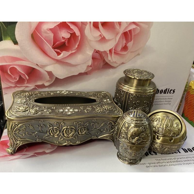 Set 4 sản phẩm đồng khảm hoa văn họa tiết cổ | Set tăm, gạt tàn, lọ chè, hộp giấy Hoàng Gia