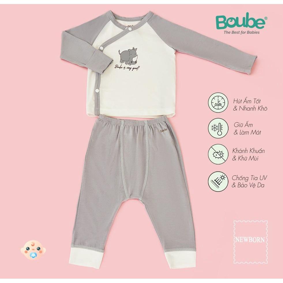 Bộ quần áo dài tay cúc bấm chéo phối màu cho em bé sơ sinh Boube, vải sợi tre Bamboo thông minh, thoải mái- Size newborn