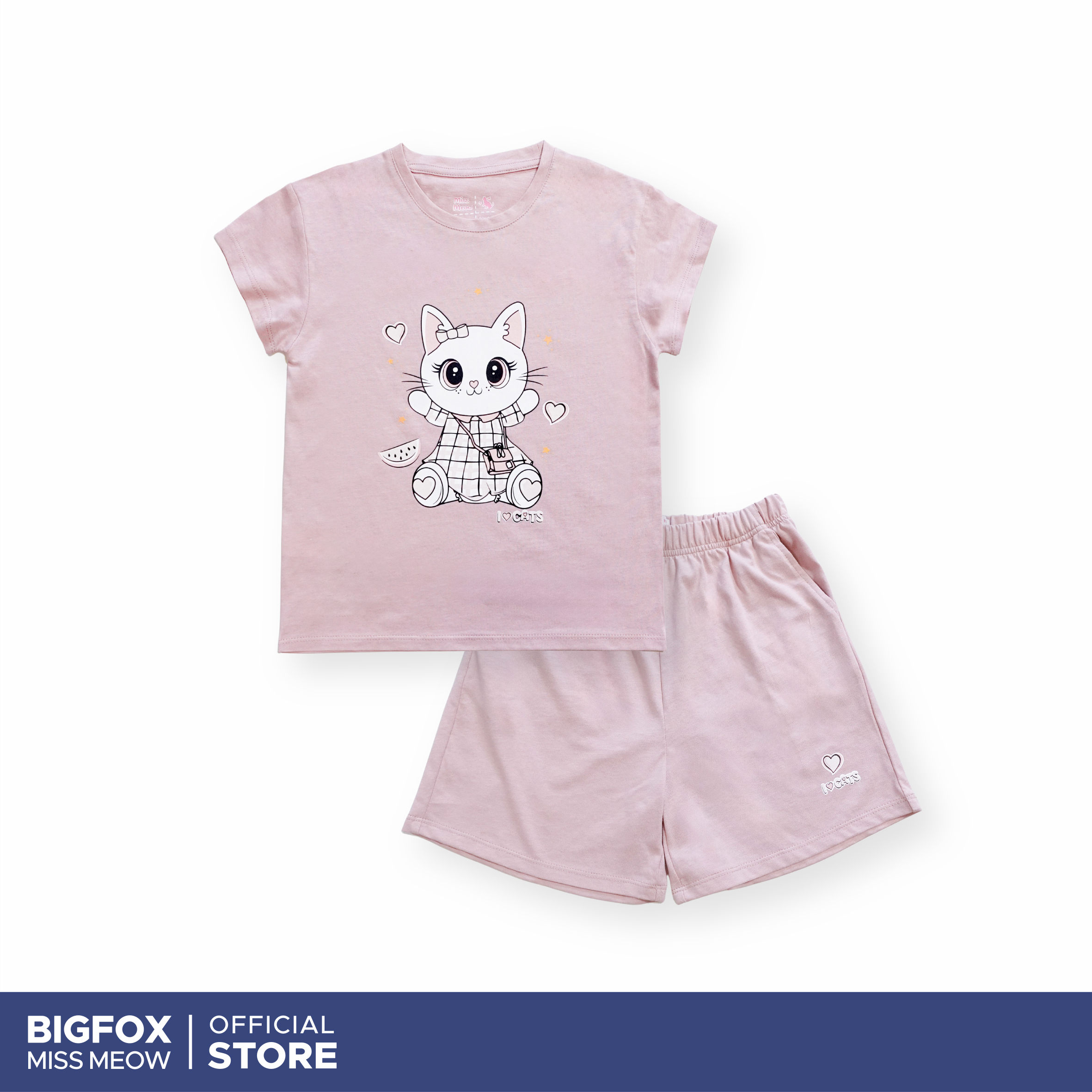 Bộ đồ cộc tay cho bé gái Bigfox Miss Meow size đại mặc nhà mùa hè vải cotton mềm cỡ trẻ em 3-11 tuổi