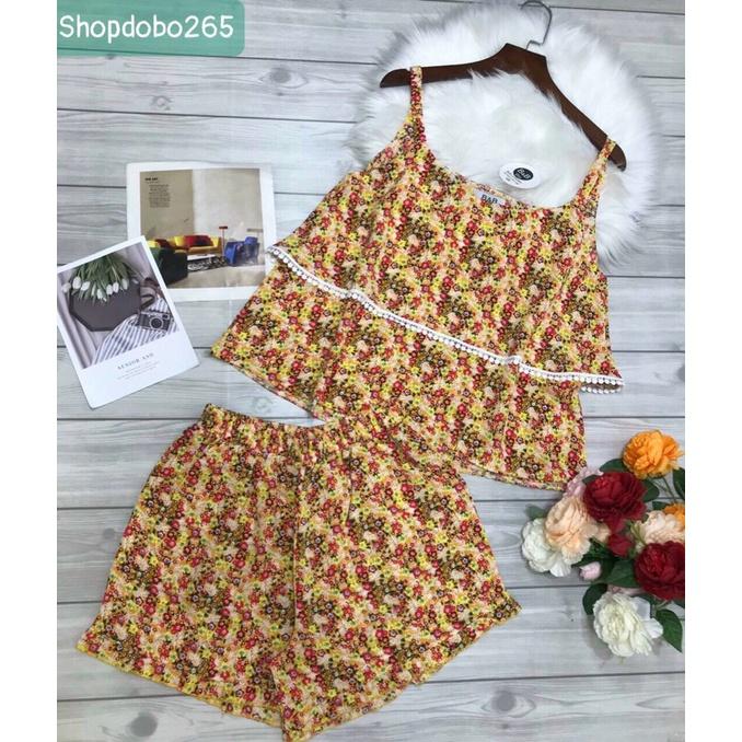 Bộ ngủ 2 dây,đồ ngủ mặc nhà đùi vải lụa mango BN 125 họa tiết siêu cưng size 47-60kg.