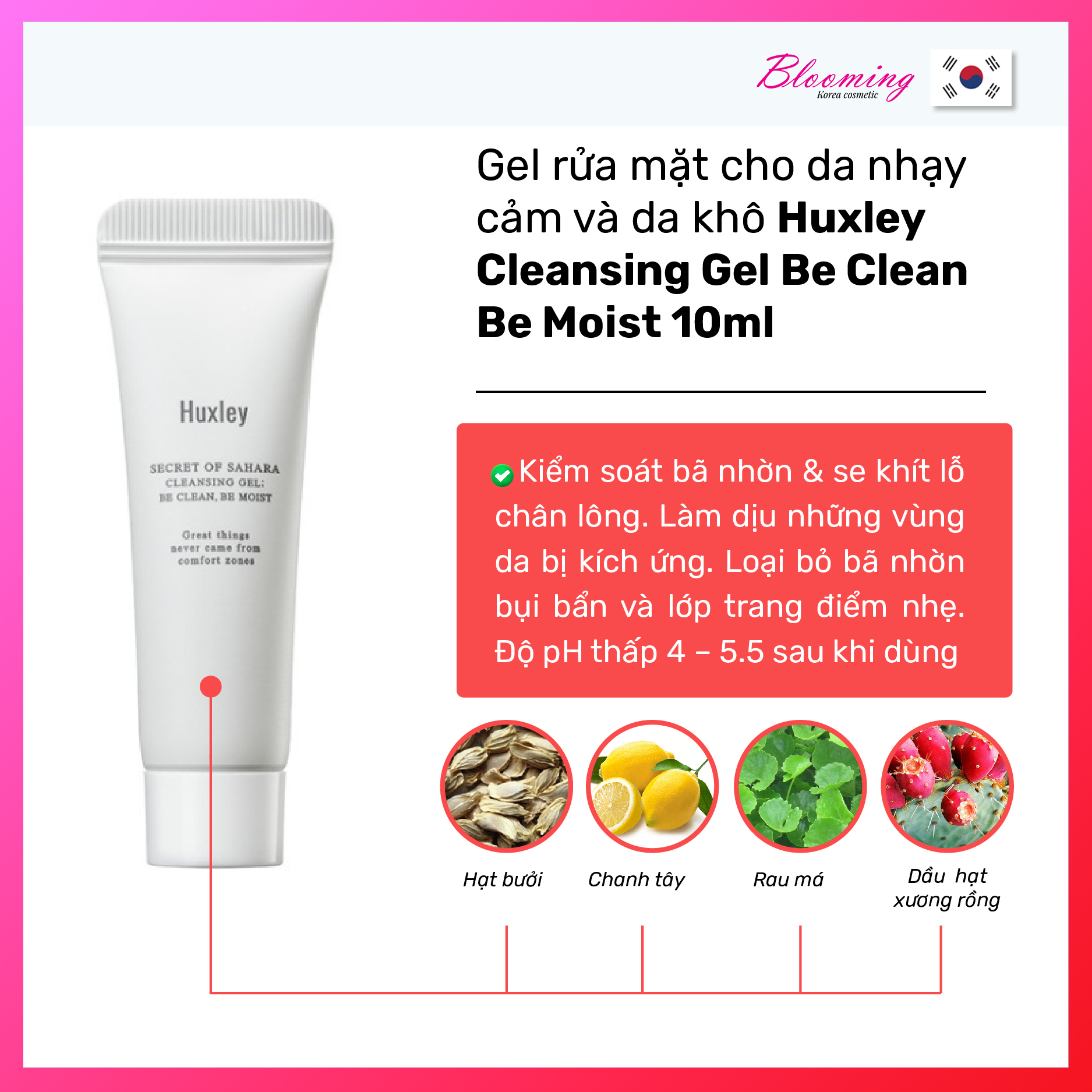 Gel rửa mặt dịu nhẹ dành cho da nhạy cảm Huxley Cleansing Gel; Be Clean Be Moist 10ml - Travel size