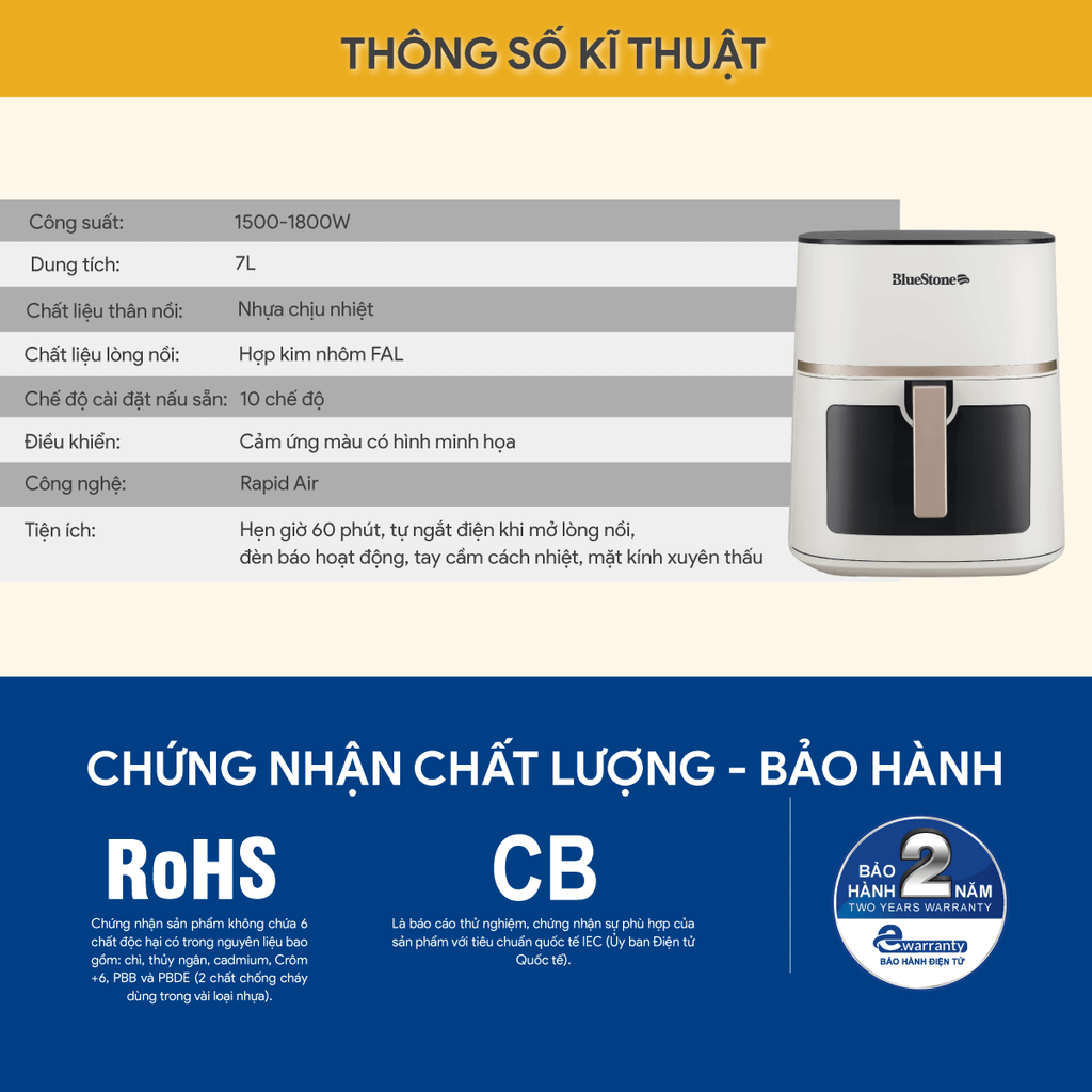 Nồi Chiên Không Dầu BlueStone AFB-5857 7 Lít 1800W - Hàng chính hãng