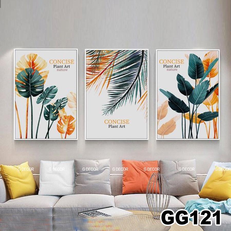 Tranh treo tường canvas 3 bức phong cách hiện đại Bắc Âu 82, tranh lá cây trang trí phòng khách, phòng ngủ, phòng ăn,spa