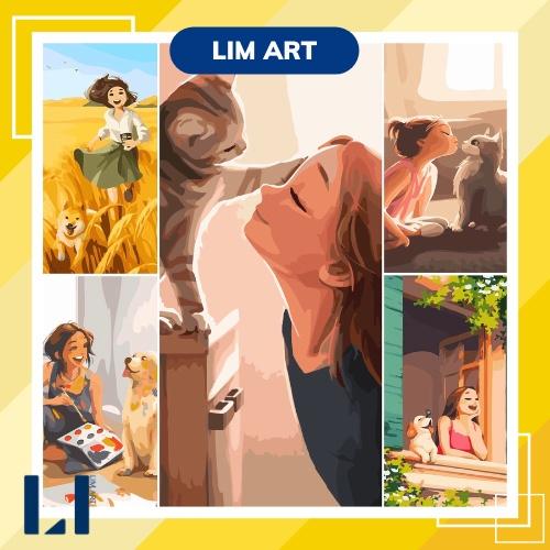 Tranh sơn dầu số hoá có khung LIM Art-Tranh tô màu theo số Cô Gái Và Thú cưng chó,mèo