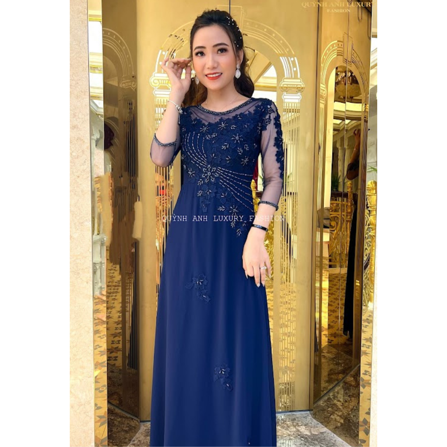 Áo Dài Dạ Hội Đám Hỏi Màu Xanh Đen Đính Đá Kết Hoa Anthea Dress