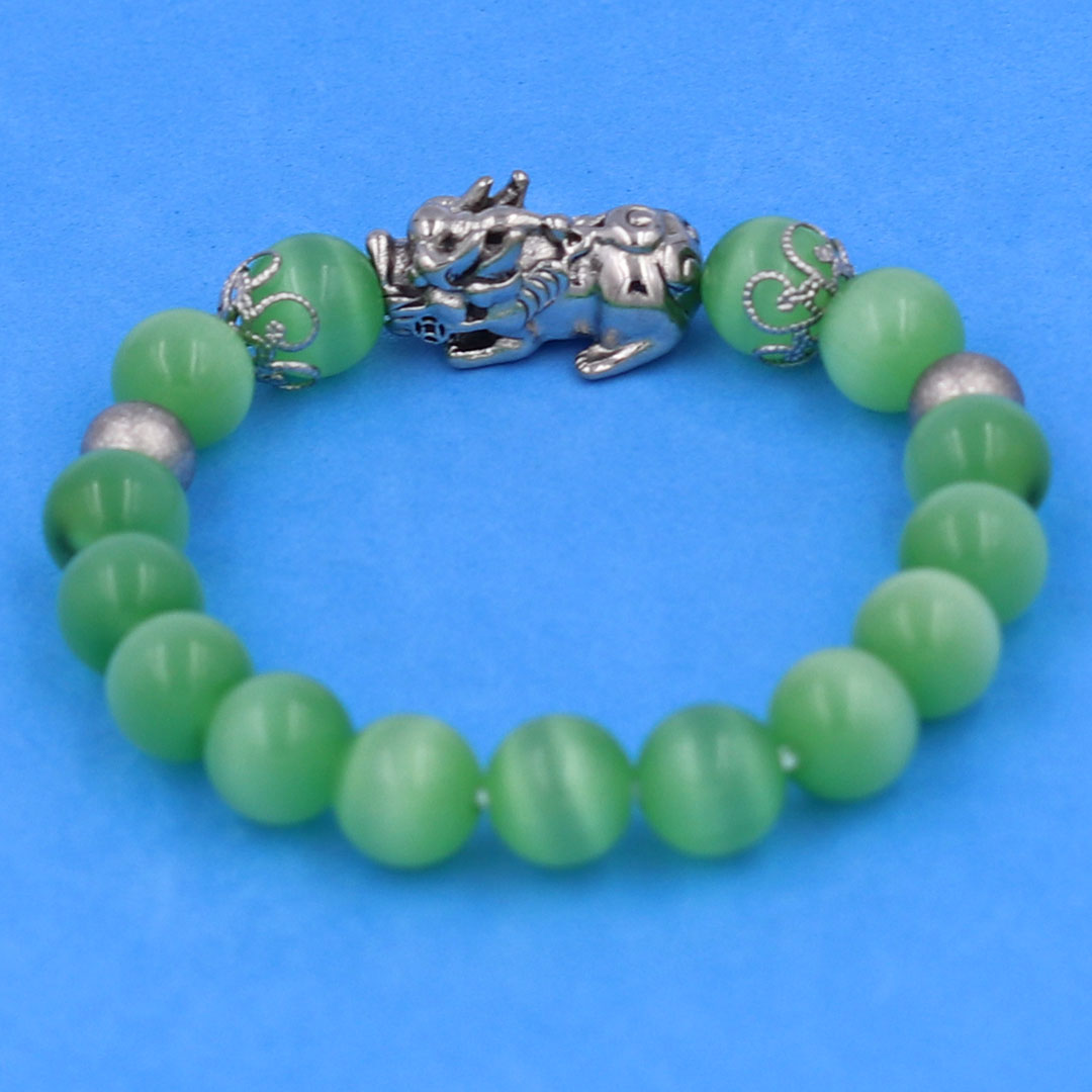 Vòng chuỗi đeo tay đá mắt mèo xanh lá 10 ly charm tỳ hưu inox, bi inox, khía bông inox, vòng tay phong thuỷ, vòng tay tỳ hưu