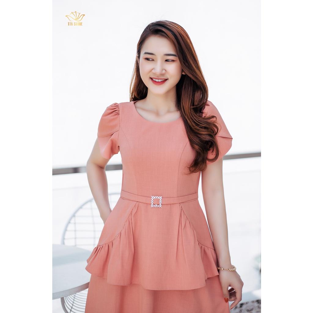 Đầm đi tiệc sang trọng form xoè cổ tròn tay ngắn peplum cam sữa TTV1047