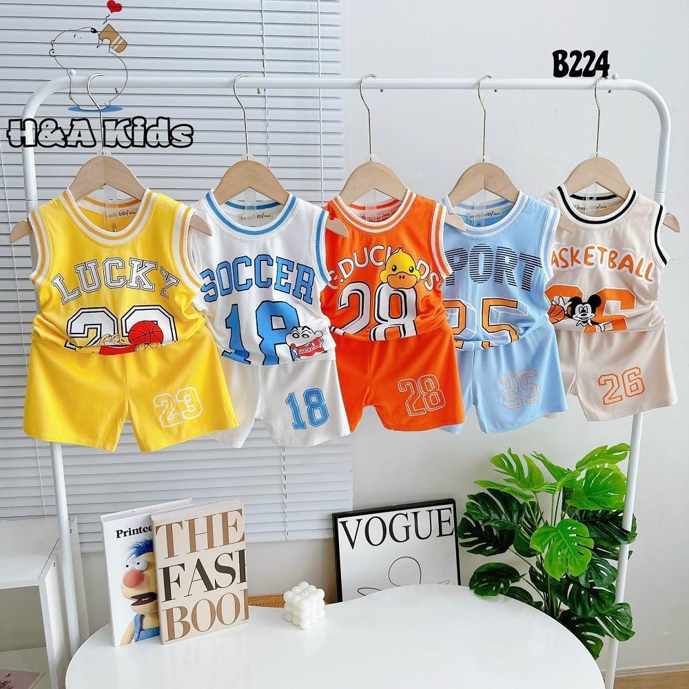 Bộ Cotton Ba Lỗ Bóng Rổ Cho Bé 8-16 Kg Minlybaby thun lạnh mịn mát phối bo tay