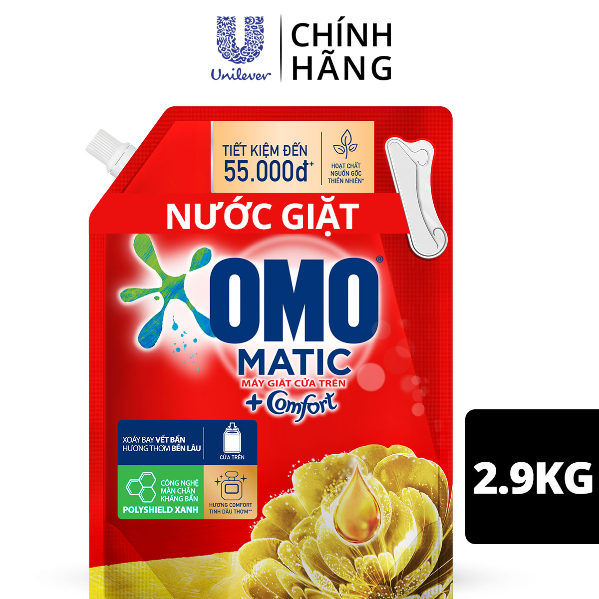 Túi Nước Giặt Omo Matic Comfort Cho Máy Giặt Cửa Trên Hương Tinh Dầu Thơm Xoáy Bay Vết Bẩn, Hương Thơm Bền Lâu 2.9Kg