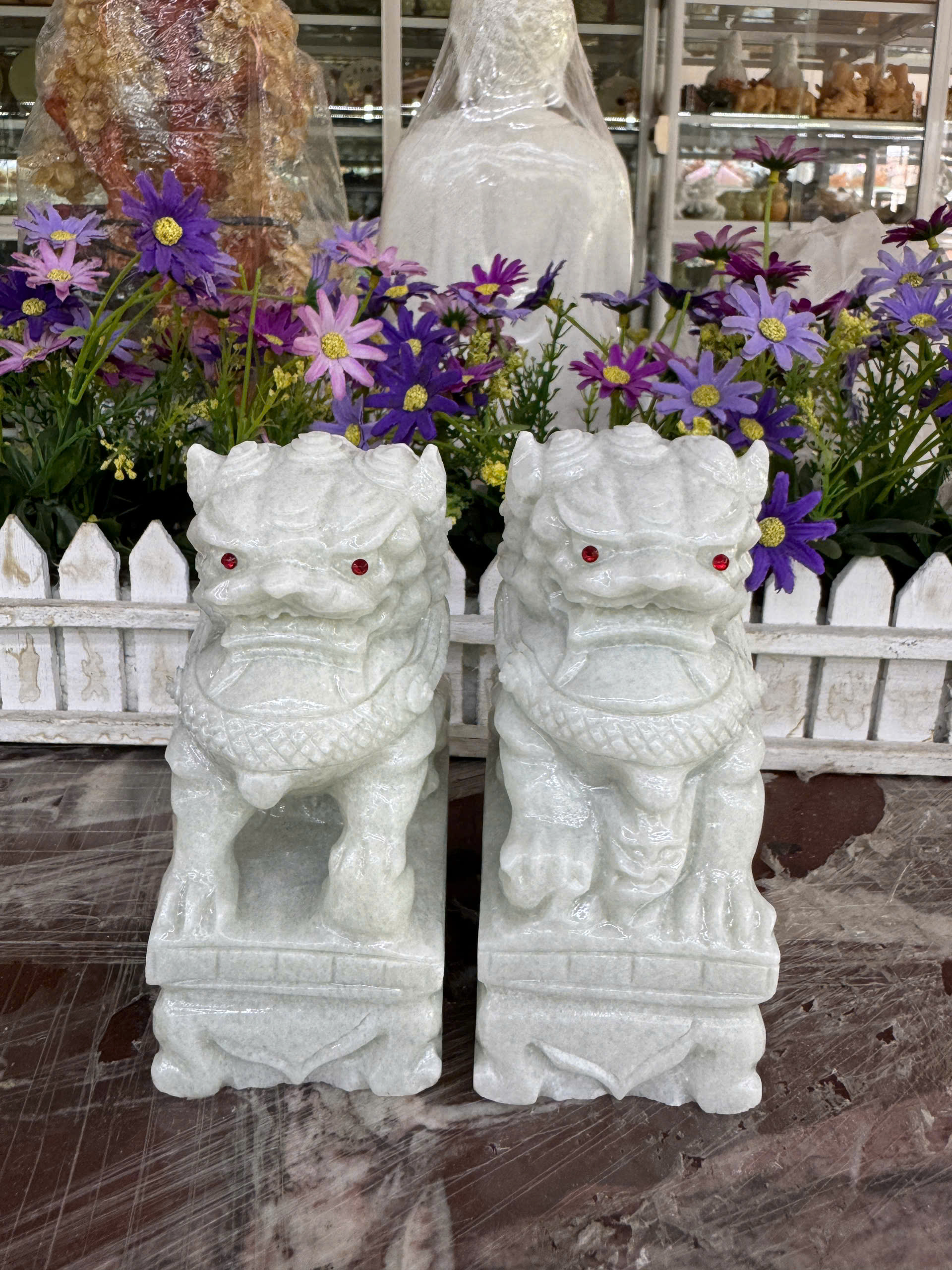 Cặp tượng Kỳ Lân phong thủy đá trắng xanh - Cao 15 cm