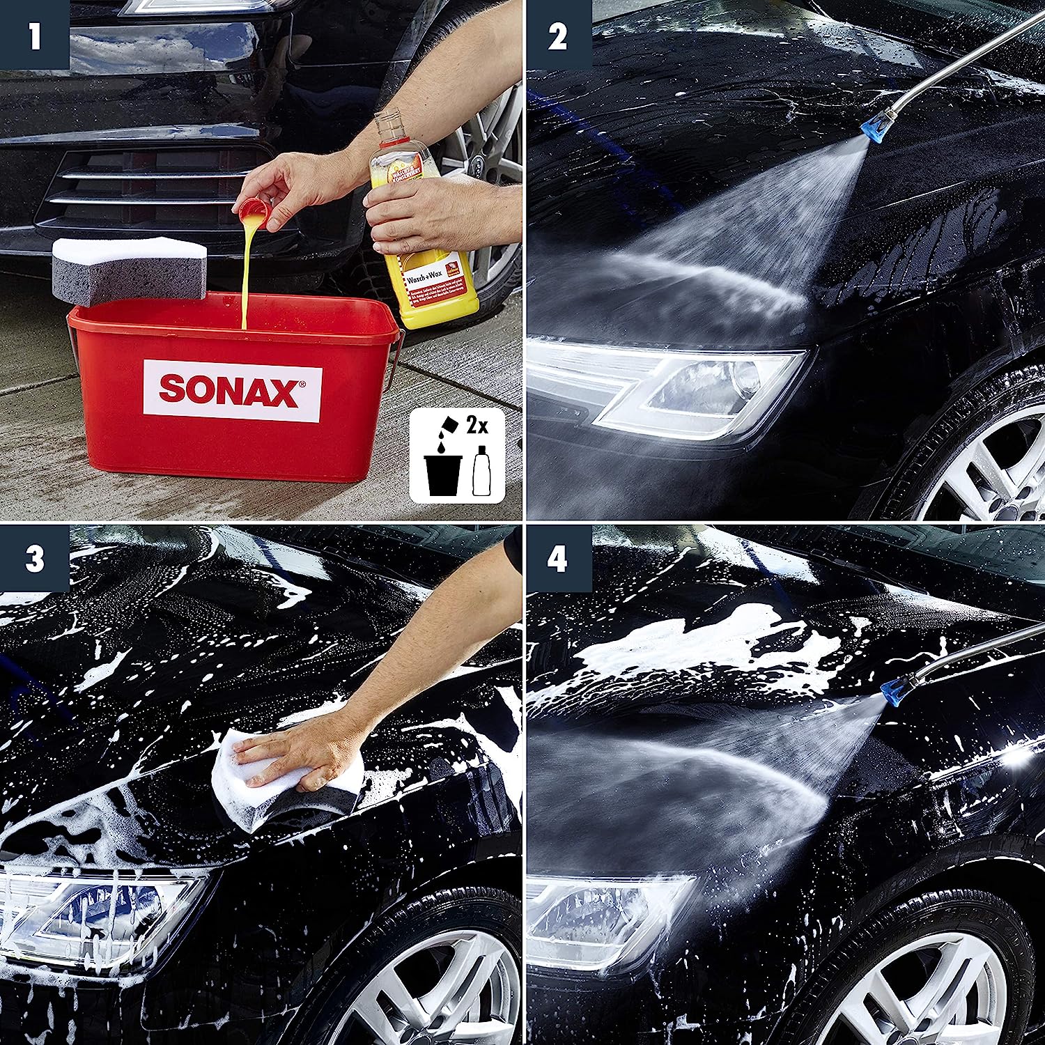 Xà bông rửa xe và tăng độ bóng sơn xe 2in1 Wash &amp; Wax Sonax 313341 1Lit tặng kèm 1 khăn 3M KL030 - Làm sạch bụi bẩn, bùn đất, dầu mỡ, dưỡng tăng độ bóng sơn