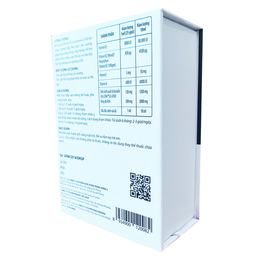 MIDU MENAQ7 DHA D3, hỗ trợ phát triển chiều cao, thị lực và não bộ, hỗ trợ phòng còi xương ở trẻ
