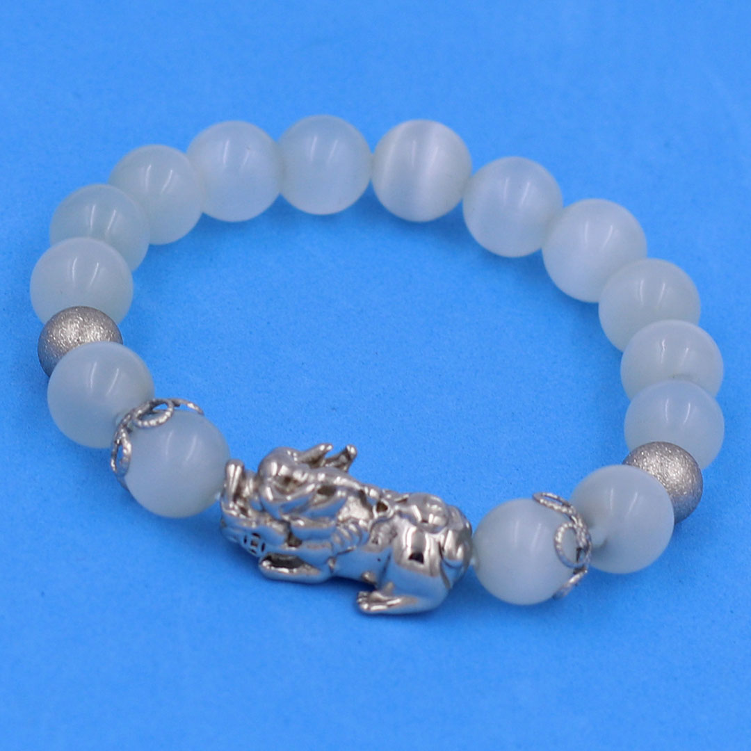 Vòng chuỗi đeo tay đá mắt mèo trắng 10 ly charm tỳ hưu inox, bi inox, khía bông inox, vòng tay phong thuỷ, vòng tay tỳ hưu