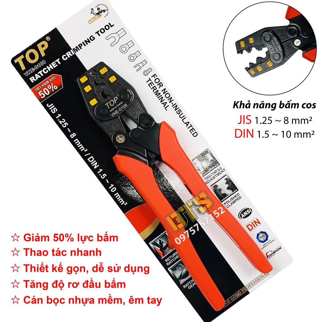 Kìm bấm cos trợ lực số 8 1.5 -> 10 mm2 TOP GOLD, tiết kiệm lực, độ chính xác cao, có nút điều độ rơ
