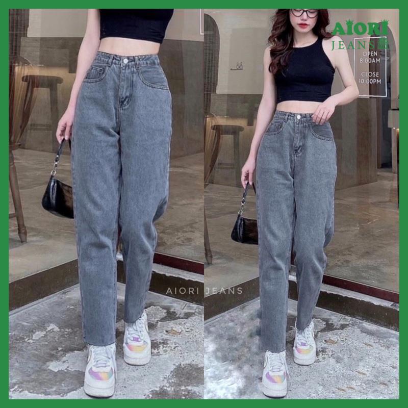 Quần Jean Nữ Aiori Fashion Baggy Lưng Cao Trơn Màu Xám Jean Bò Cạp Cao Lai Tua Phong Cách Thời Trang Hàn Quốc_Mã B020