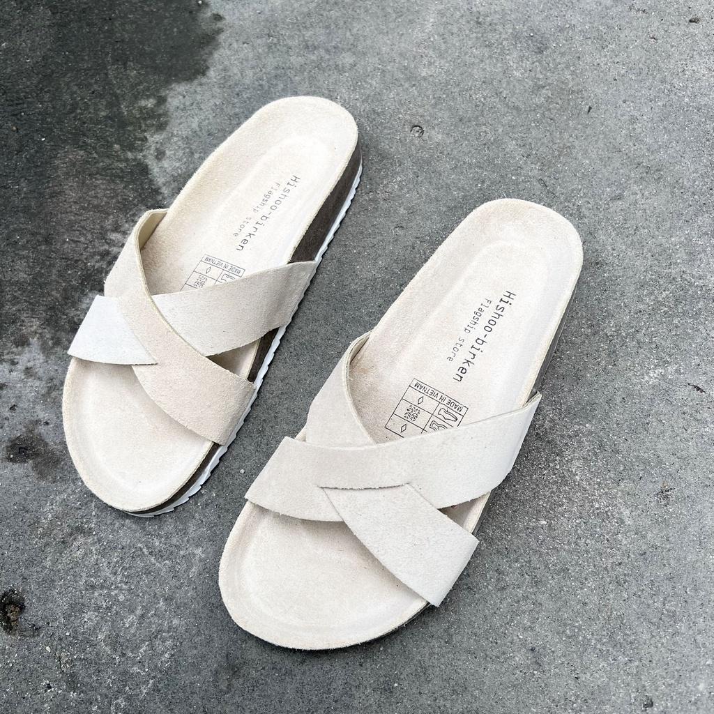 Dép đế trấu birken da bò nam nữ unisex quai ngang chéo bigsize 35 - 43 chính hãng Hishoo s111