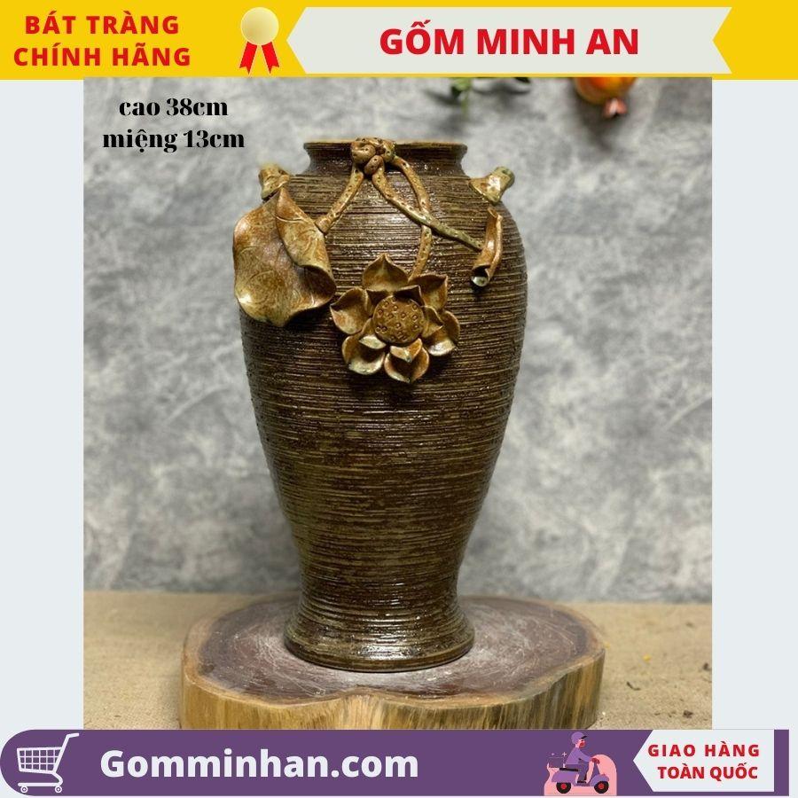 Bình Hoa Lọ Hoa Bát Tràng Men Mộc Dáng Cao Đùi Dế Đắp Sen- Gốm Sứ Bát Tràng- Gốm Minh An- Lọ Hoa Đẹp