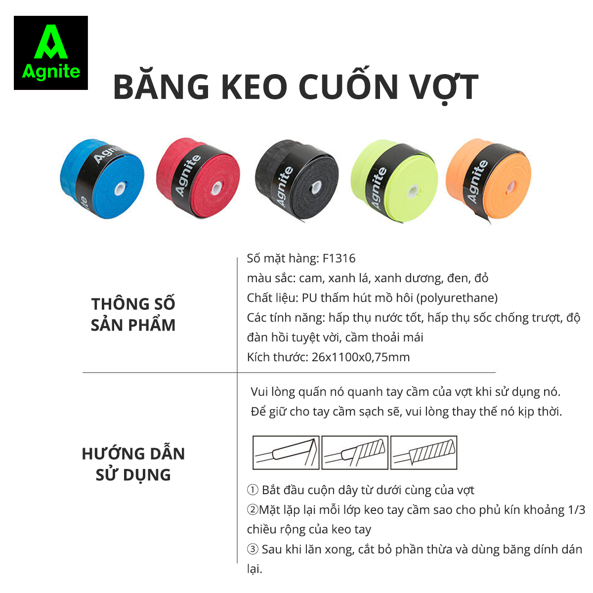 Dây Quấn Cán Vợt Cầu Lông Tennis Êm Tay Chống Trơn Trượt Agnite - J01350