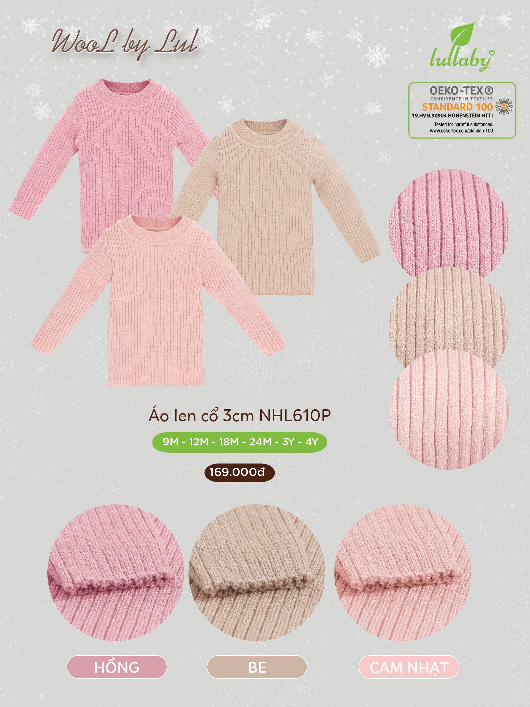 Áo len bé gái cổ 3 phân Lullaby NHL610P, áo cổ lọ len cotton 6 tháng - 4 tuổi siêu mềm mịn
