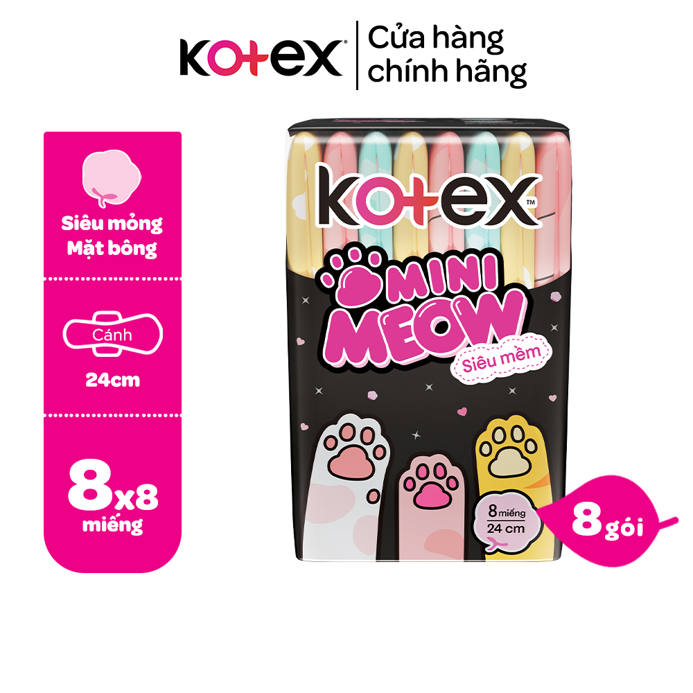 Combo 8 gói Băng vệ sinh Kotex MiniMeow Siêu mềm siêu mỏng cánh 8 miếng