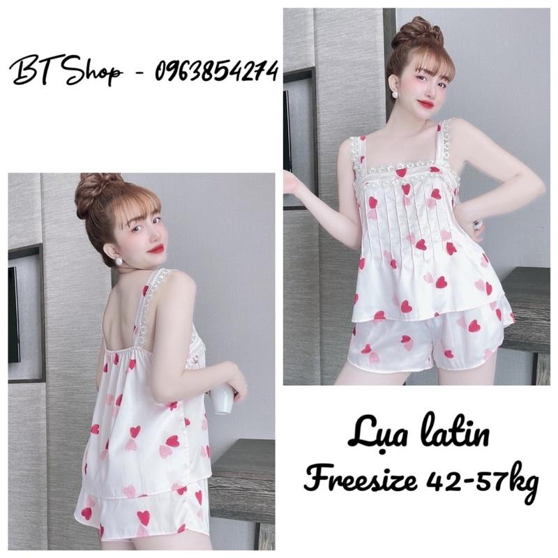 Đồ bộ ngủ mặc nhà lụa latin hoạ tiết phối ren quần đùi freesize 42-57kg
