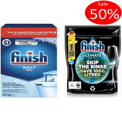 combo muối rửa bát finish 1,5kg + viên rửa bát Finish Quantum Ultimate 50 viên dùng cho máy rửa bát chén - Viên finish quantum Ultimate là viên rửa bát cao cấp nhất với 14 chức năng in 1