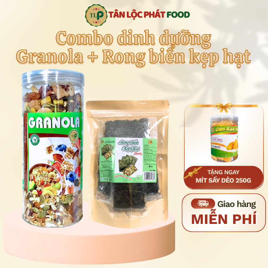 (Tặng Mít Sấy Dẻo Hũ 250g) Combo Hạt Dinh Dưỡng Granola Hũ 500g + Rong Biển Kẹp Hạt Túi 200g