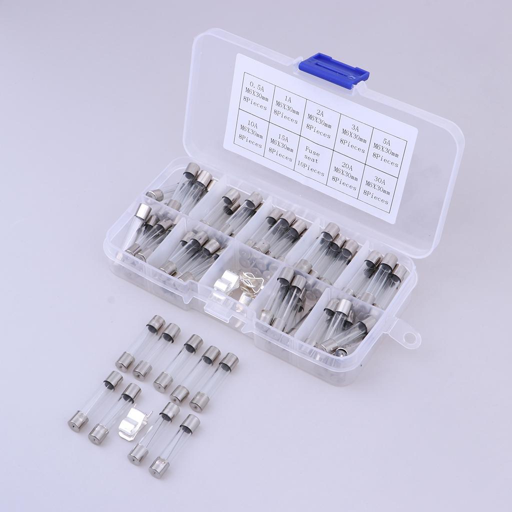72 Pcs Electronics Quick Blow Glass Tube Fuse Assortment Kit 6*30mm 0.5A~30A