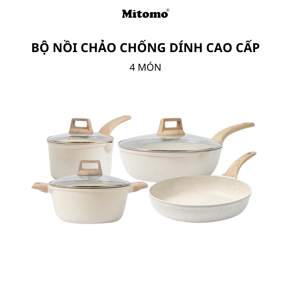 Bộ nồi vân đá chóng dính cao cấp 4 món Mitomo, đúc nguyên khối, nấu trên mọi loại bếp - Hàng chính hãng