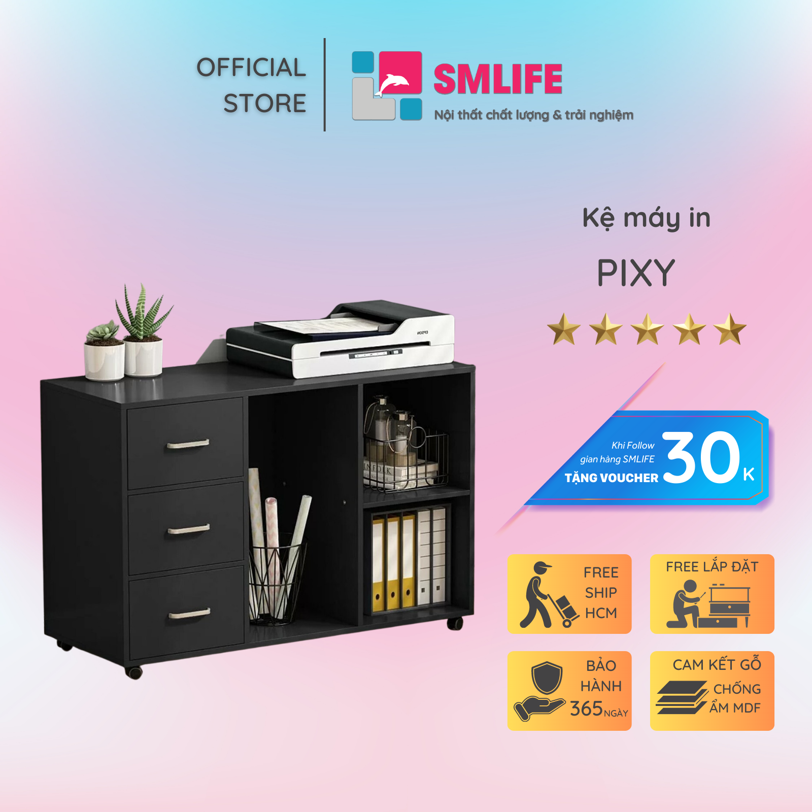 Kệ để máy in gỗ hiện đại SMLIFE Pixy | Gỗ MDF dày 17mm chống ẩm | D100xR40xC71cm