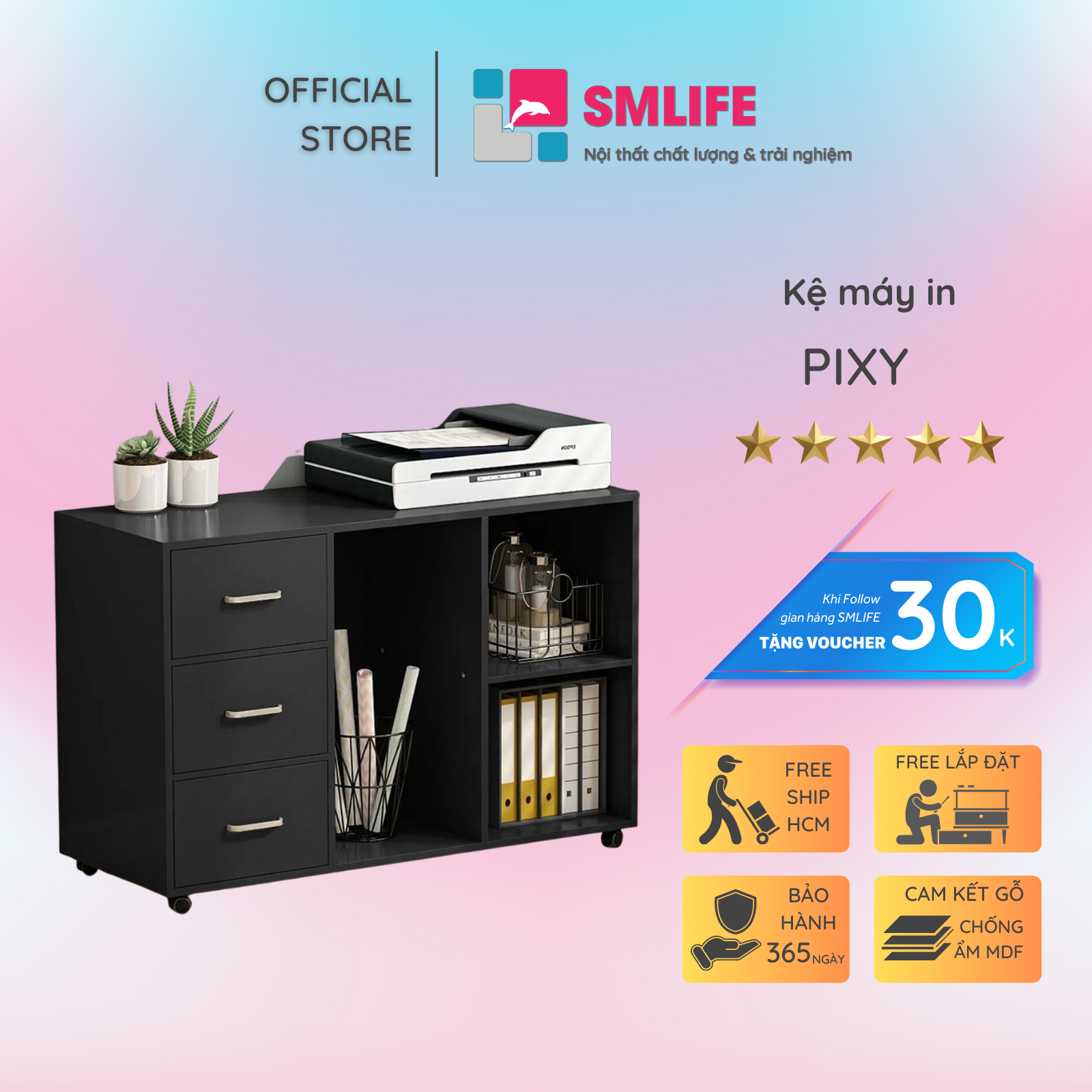 Kệ để máy in gỗ hiện đại SMLIFE Pixy  | Gỗ MDF dày 17mm chống ẩm | D100xR40xC71cm