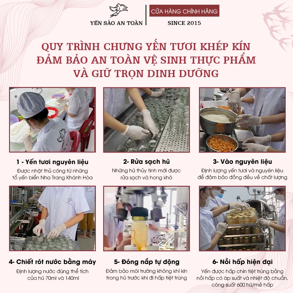 Hộp quà tặng sang trọng 6 hũ Yến chưng sẵn vị VIP Đông Trùng Hạ Thảo KHÔNG đường ĐẬM ĐẶC YẾN TƯƠI từ Yến Sào An Toàn