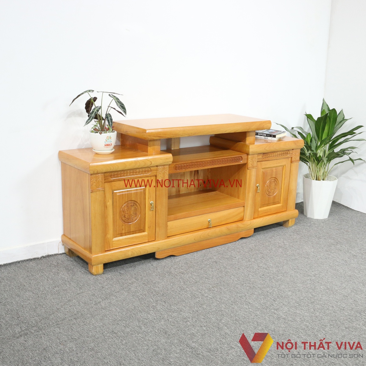 Kệ Tivi Gỗ Gõ Đỏ 1m6 Chạm Trống Đồng 2 Tầng Đẹp Giá Rẻ