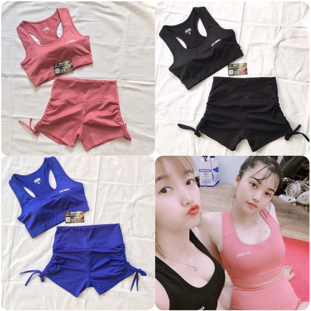 Set bộ đùi thể thao tập gym yoga nữ áo bra kèm mút quần đùi cạp cao rút dây