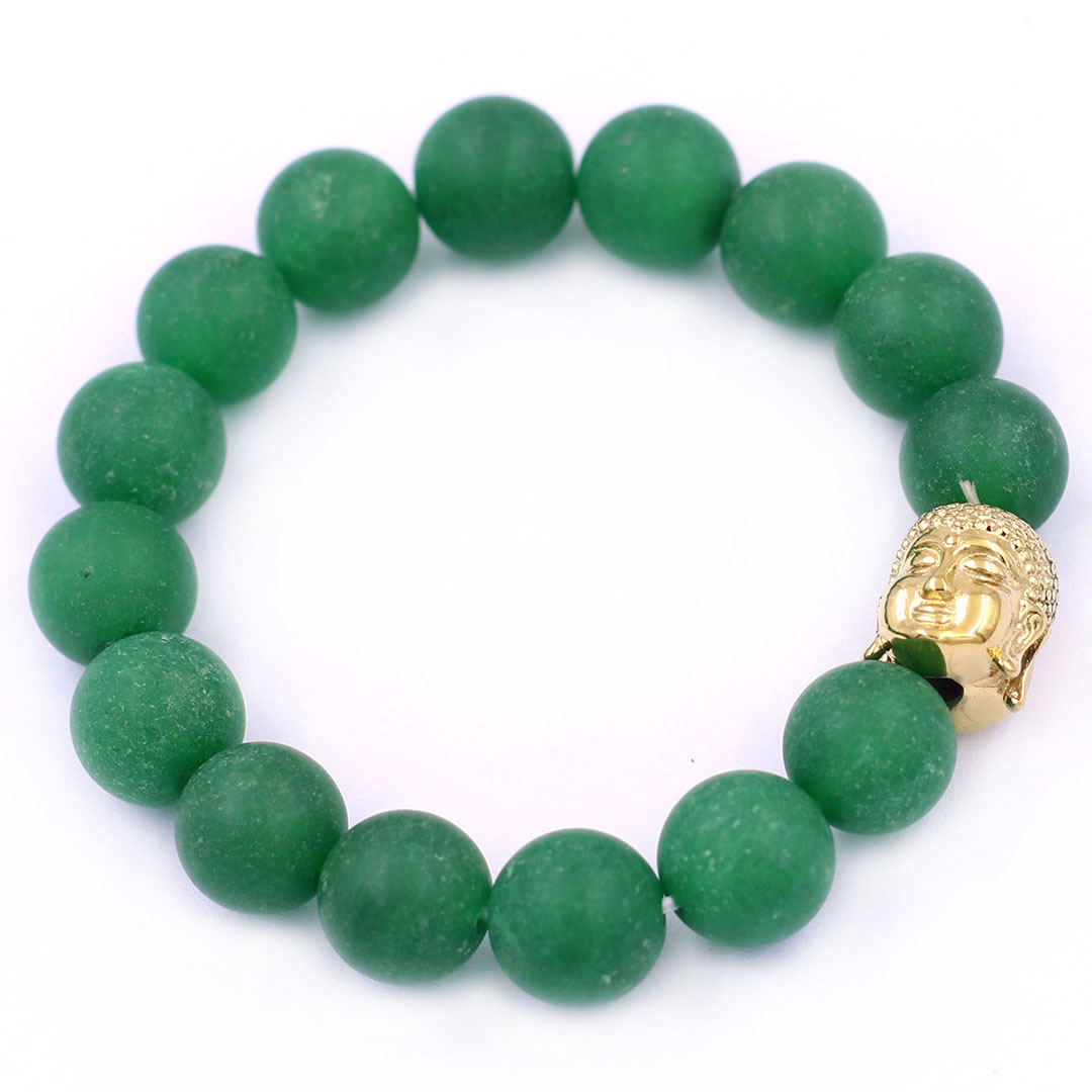 Vòng chuỗi đeo tay đá thạch anh xanh lá mờ 12 ly charm đầu Phật Như lai inox vàng, Như lai Phật tổ, vòng chuỗi phong thủy, A DI ĐÀ