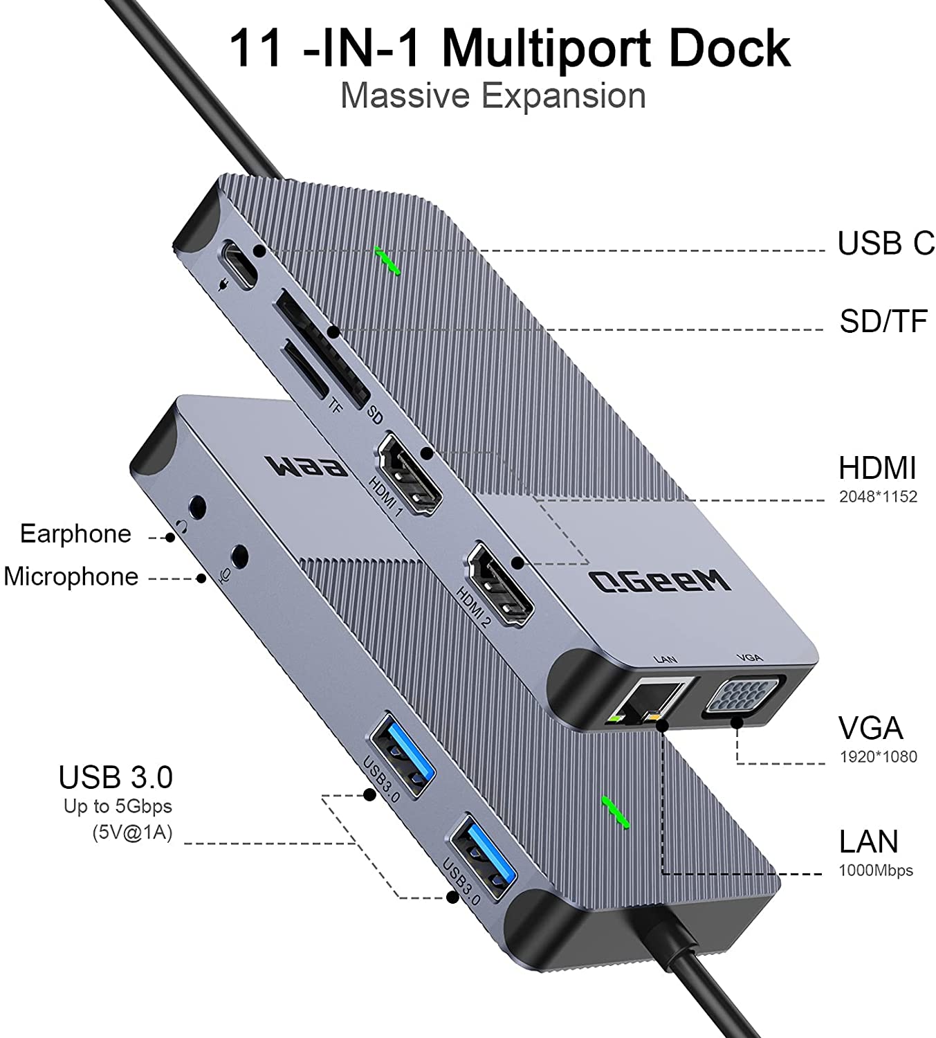 Hub mở rộng USB 3.0 QGeeM đa năng 11 trong 1 cho Macbook Pro, xuất hình ảnh ra ba mà-n hình từ USB Type C sang HDMI*2, VGA*1-Hàng chính hãng