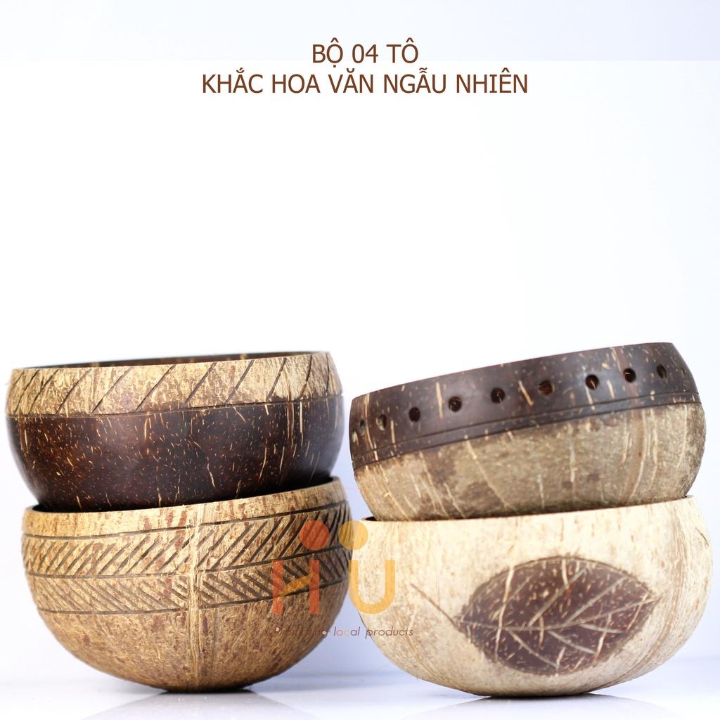 Combo 4 Tô Gáo Dừa Khắc Hoa Văn Ngẫu Nhiên - Col