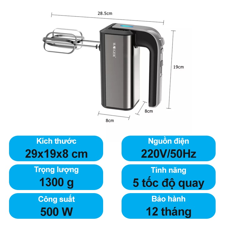 Máy Đánh Trứng Cầm Tay 7 Cấp Độ HAEGER- Công Suất 500W - Hàng Chính Hãng