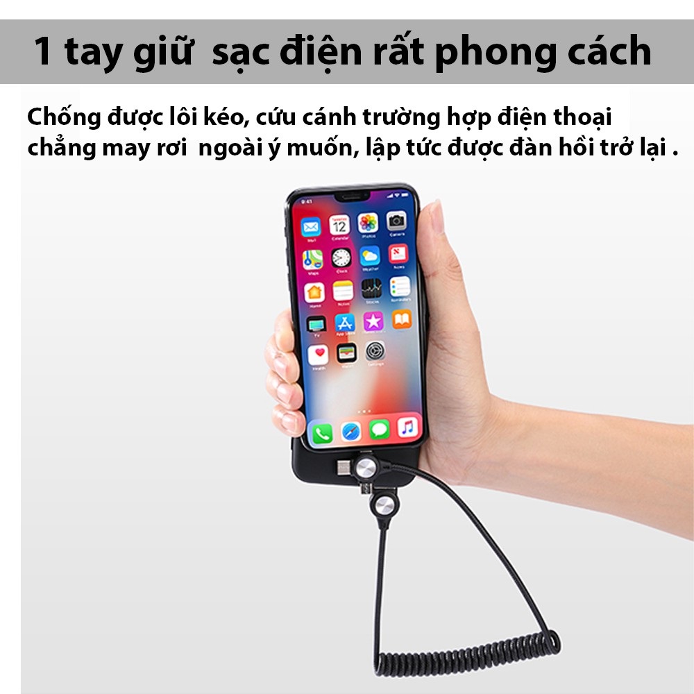 Dây cáp sạc nhanh lò xo 3 in 1 Collen chuyên dụng cho oto - Hàng Chính Hãng