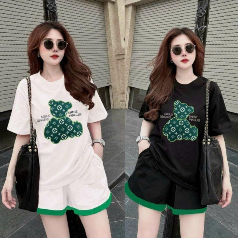 Bộ đồ nữ quần đùi ngắn áo thun cotton 100% form rộng thêu hình gấu, bộ đồ thể thao đi chơi, bộ đồ mặc ở nhà siêu xinh