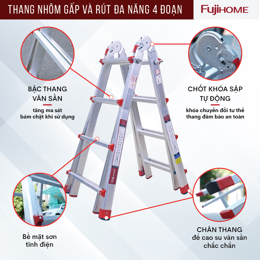 Thang nhôm FUJIHOME ML44 gấp và rút đa năng 4 đoạn, Cao tối đa 4m, Xếp nhiều hình dáng