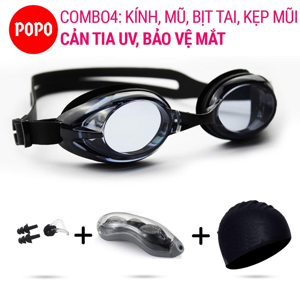 Kính bơi người lớn nam nữ POPO Set1153 kèm mũ bơi trơn, bịt tai kẹp mũi với mắt kiếng bơi chống tia UV