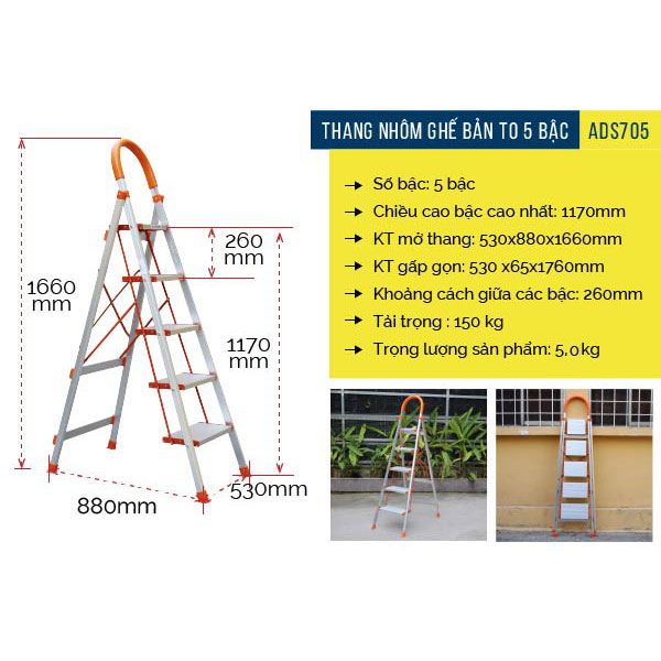 Thang Nhôm Ghế 5 Bậc Advindeq Ads-705