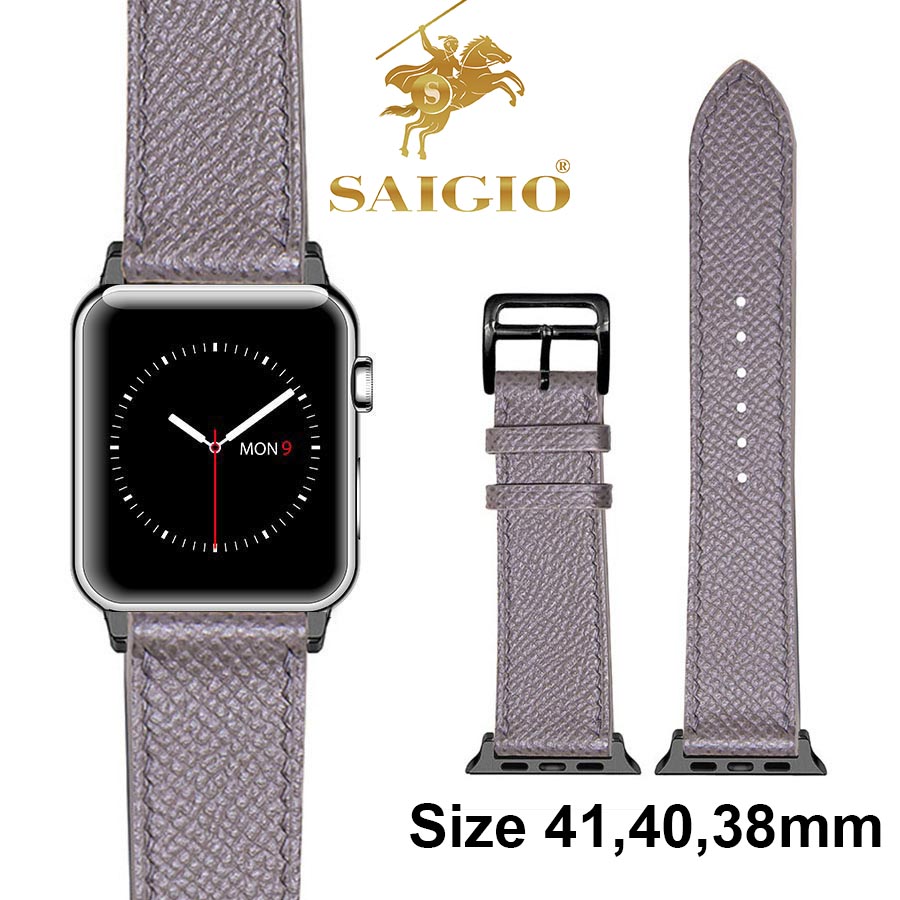 Dây Đồng Hồ Apple Watch 41mm 40mm 38mm, Chất Liệu Da Bê EPSOM Thảo Mộc Cao Cấp, Nhập Khẩu Từ Châu Âu, Dây Đeo Phong Cách Hiện Đại và Sang Trọng, Tương Thích Các Phiên Bản Series 8/7/6/5/4/3/2/1/SE/SE2 - Xám - ADAPTER ĐEN